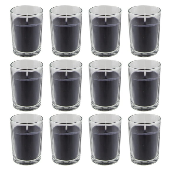 Mega Candles 12 pcs Unscented Black Glass Container Candle, Votive Candles 12 Hours 2 Inch x 2.5 Inch, Home Décor, Wedding Receptions, Baby Showers, Birthdays, Celebrations, Party Favors & More