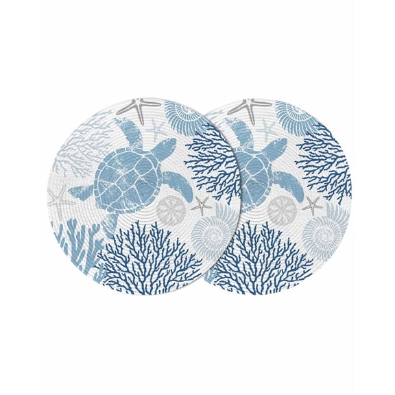 Navy Blue Coastal Turtle Round 15 Inch Placemats Set of 2, Ocean Coral Nautical HeatResistant Non Slip Place Mats for Dining Table, Wipeable Braided Kitchen Table Mats for Housewarming