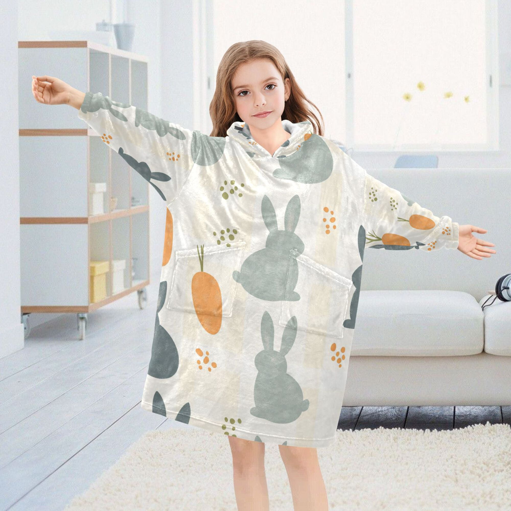 FORMRS Wearable Blanket Hoodie with Sleeves for Kids Cozy Flannel Sweatshirt, Whimsical Rabbits