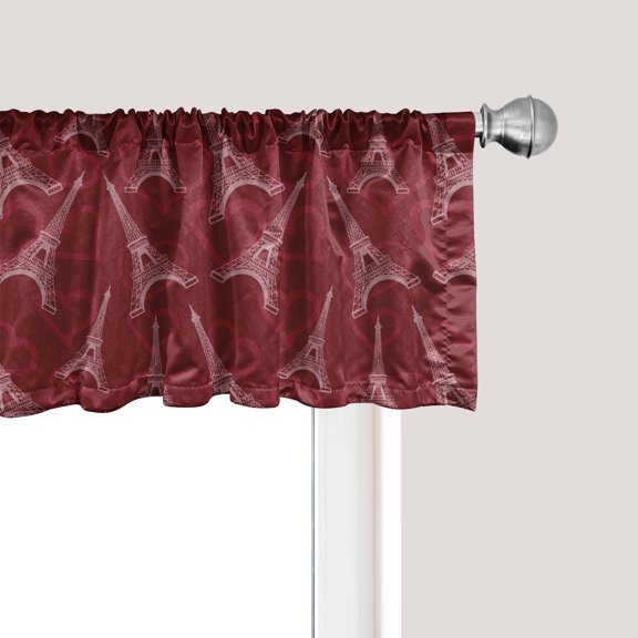 Ambesonne Eiffel Tower Window Valance, Monument and Hearts, 54" X 12", Maroon Dried Rose Ruby