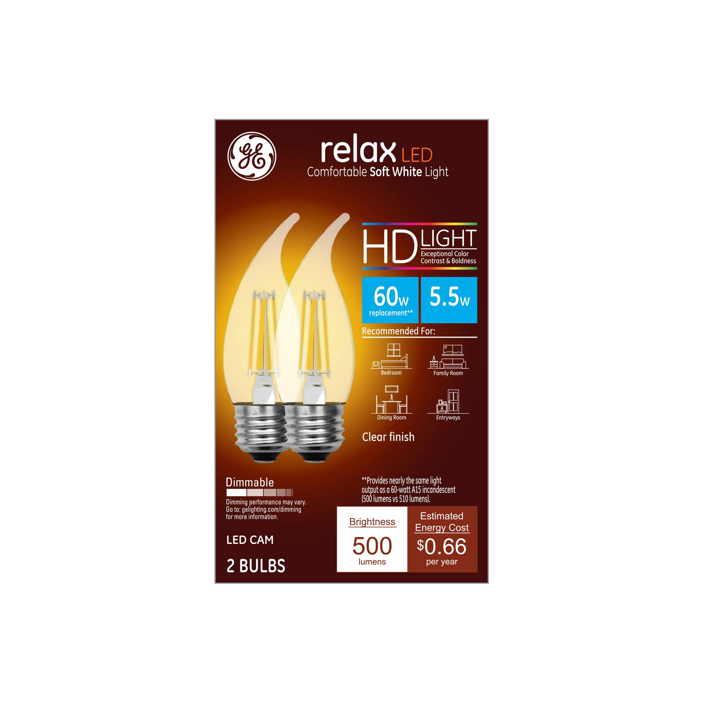 GE Lighting 36942 Clear Finish Light Bulb Relax HD Dimmable LED Decorative 5.5 (60-Watt Replacement), 500-Lumen Medium Base Bent Tip, 2-Pack, Soft White, 2
