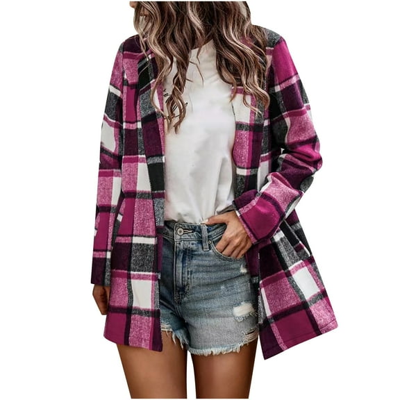 Puntoco Women Coat Clearance,Women Plaid Long Sleeve Loose Lapel Cardigan Jacket Coat with Pocket Hot Pink 12(Xxl)