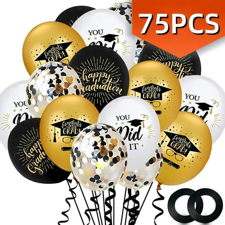 Graduation Party Decorations Balloons 12 Inch Black Gold Graduation Balloons with Balloon Ribbons for Graduation Party Favors Supplies 75 Pack