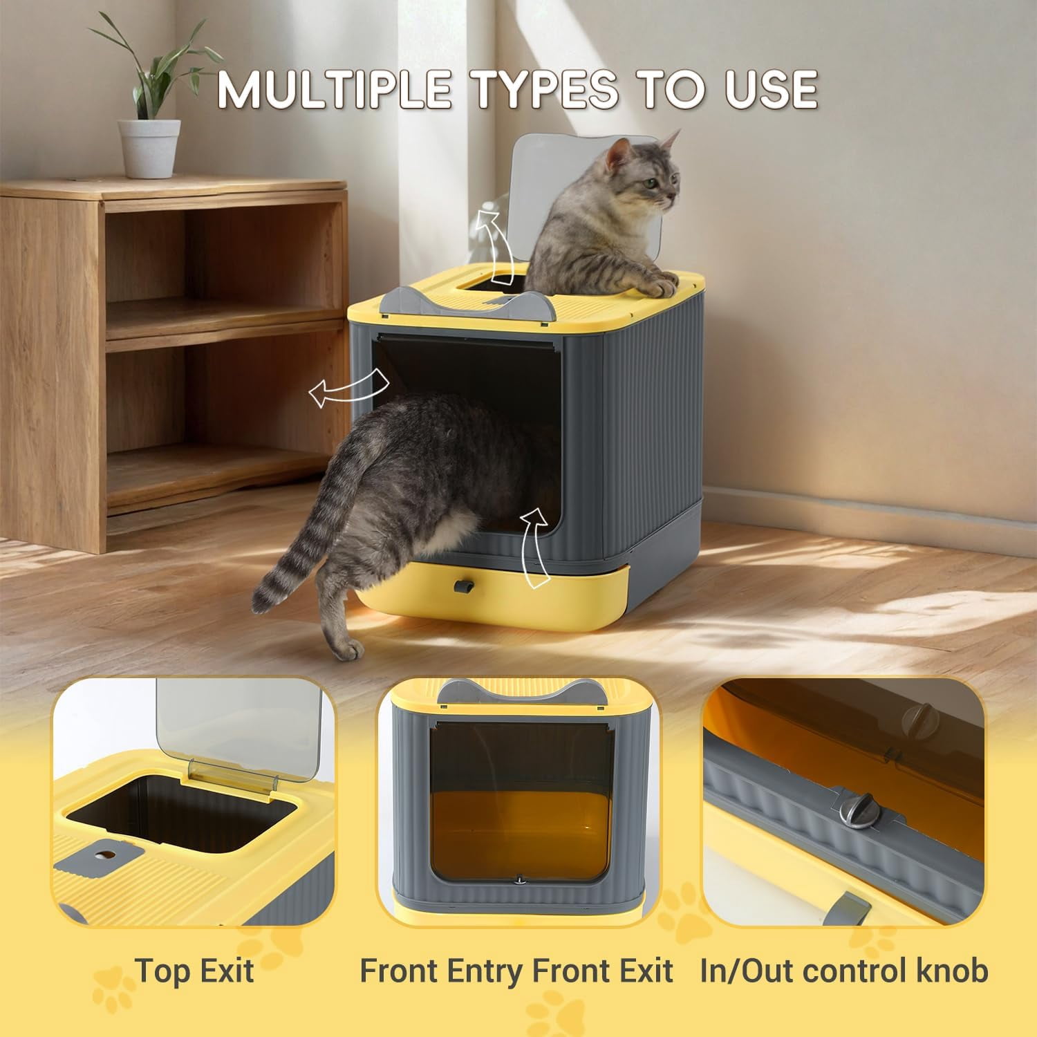 LCZLBRRD Foldable Cat Litter Box for Kitten to Adult Cat, Fully Enclosed with Scoop, Odor Control, Yellow & Grey