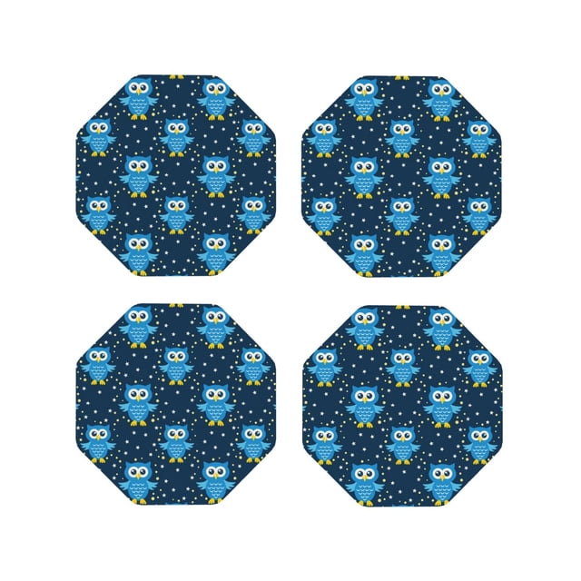 Vsdgher Blue Owl Print Leather Coasters for Drinks, Durable Drink Coasters 4 Set for Tabletop Protection, Luxurious Home Décor and Housewarming Gift-Octagon