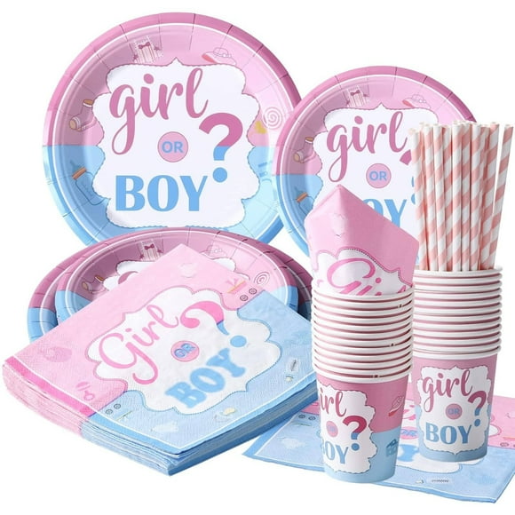 WSBArt 120PCS 24 Guests Gender Reveal Plates Tablewares Supplies, Includes Disposable Paper Plates, Cups, Napkins and Straws, Boy or Girl for Party Dinnwares Decorations
