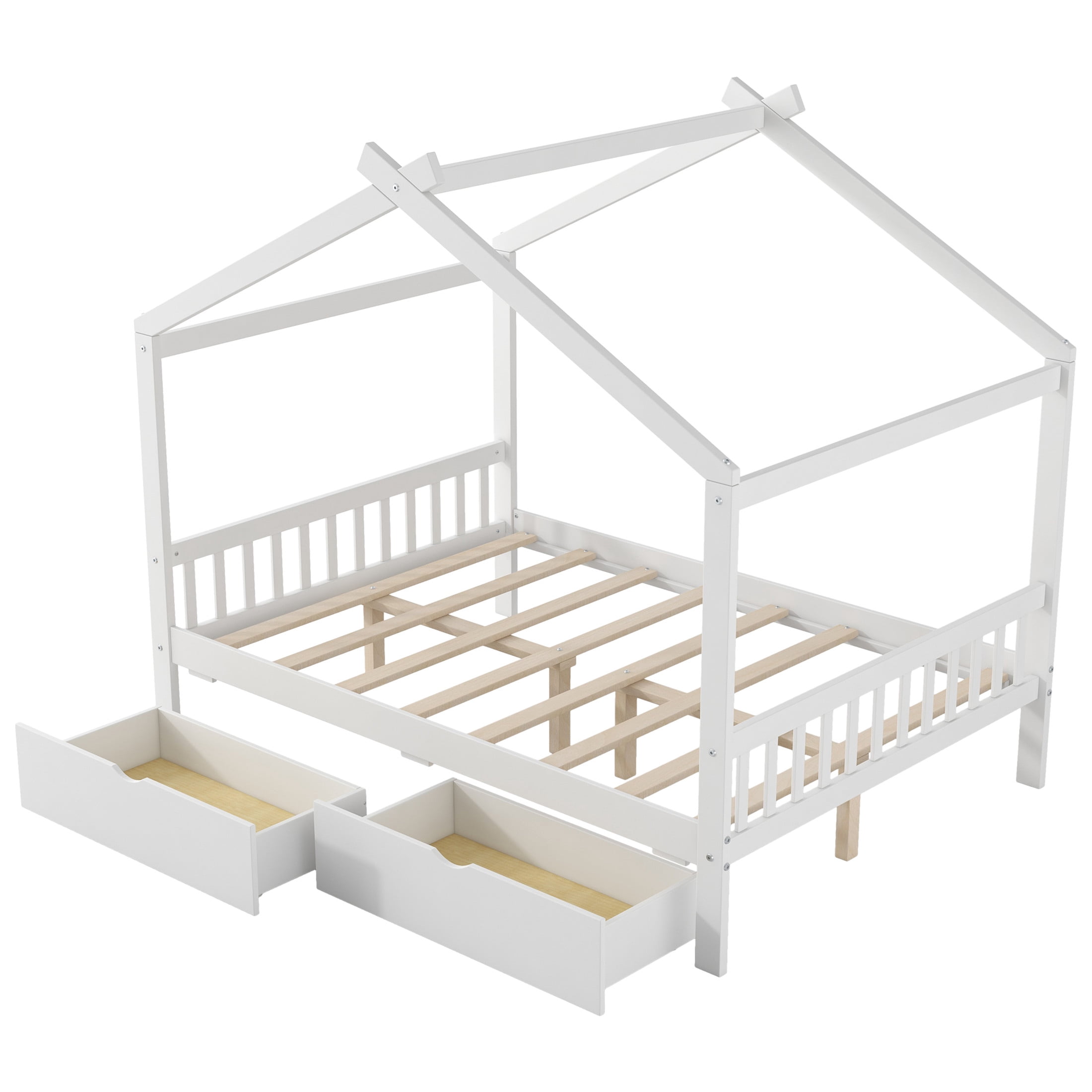 Noble House Clavell Full Size House Bed with 2 Storage Drawers, Headboard and Footboard, Playful Roof Design, White