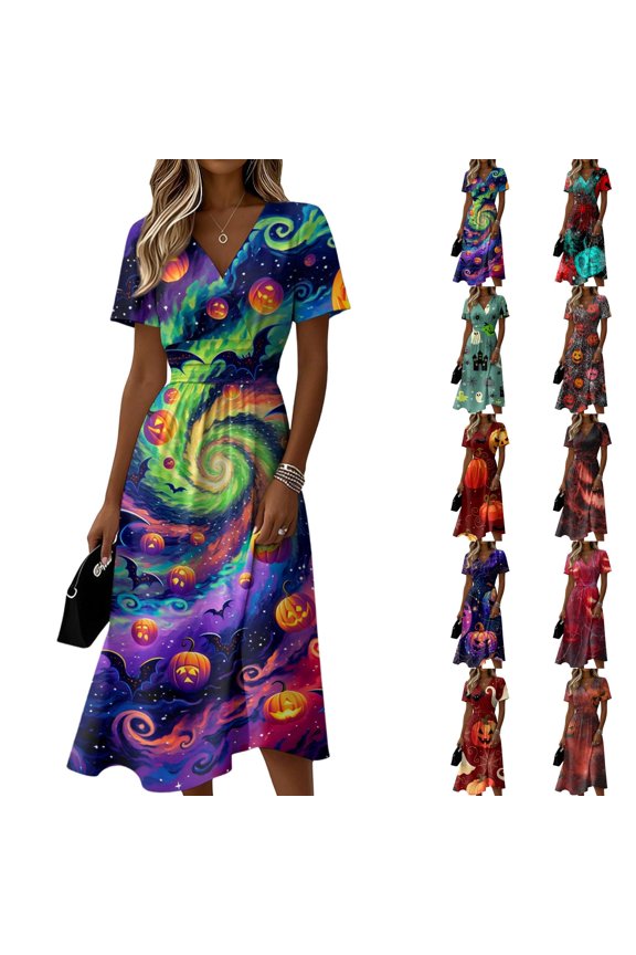 Womens Halloween Dress Pumpkin V Neck Witch Hat Fall Wedding Guest Dress Skeleton Short Sleeve Cute Wrap Dresses M