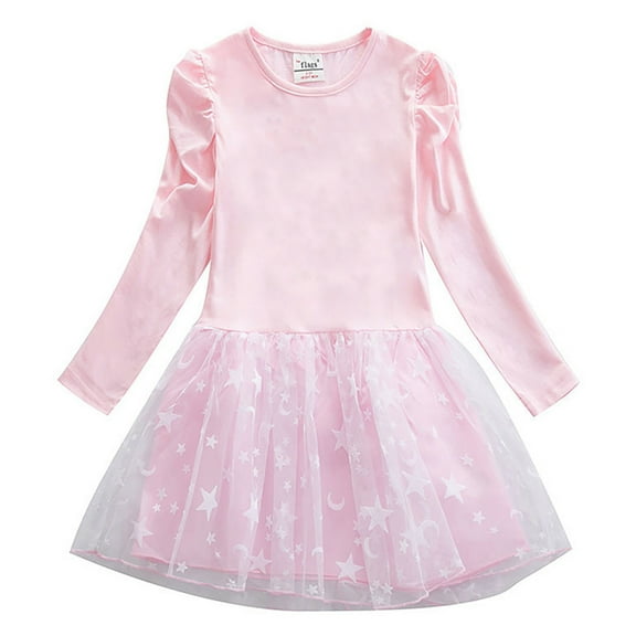 ZRBYWB Girls Winter Tutu Dresses Sequins Long Sleeve Round Neck Star Prints A-Line Birthday Party Princess Comfy Christmas Dress,Pink,3-4 Years