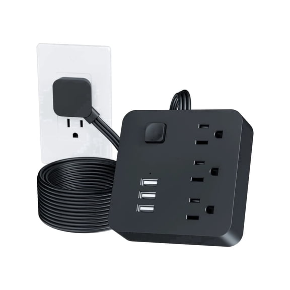 TESSAN 5ft Extension Cord, Non-Surge Flat Plug Power Strip with 3 Outlets 3 USB Ports, for Cruise Ship Travel, Black
