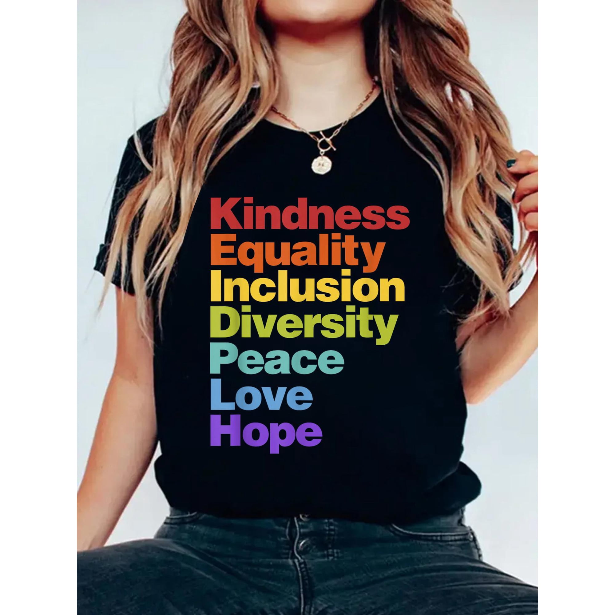100% Cotton Kindness Equality Inclusion Diversity Peace Love Hope T-Shirt Women's Graphic Tee Casual Tops
