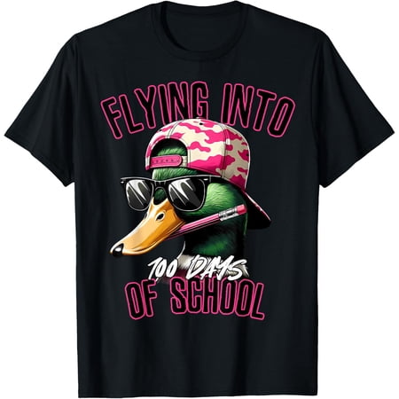 Flying Into 100 Days of School Funny Camo Duck Hunting Kids Boys Girls T-shirt