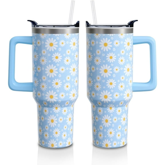 Stainless Steel 40oz Tumbler with Handle & Straw - Blue Daisy Floral Design, Gift-Ready Water Bottle for Women (1PC)