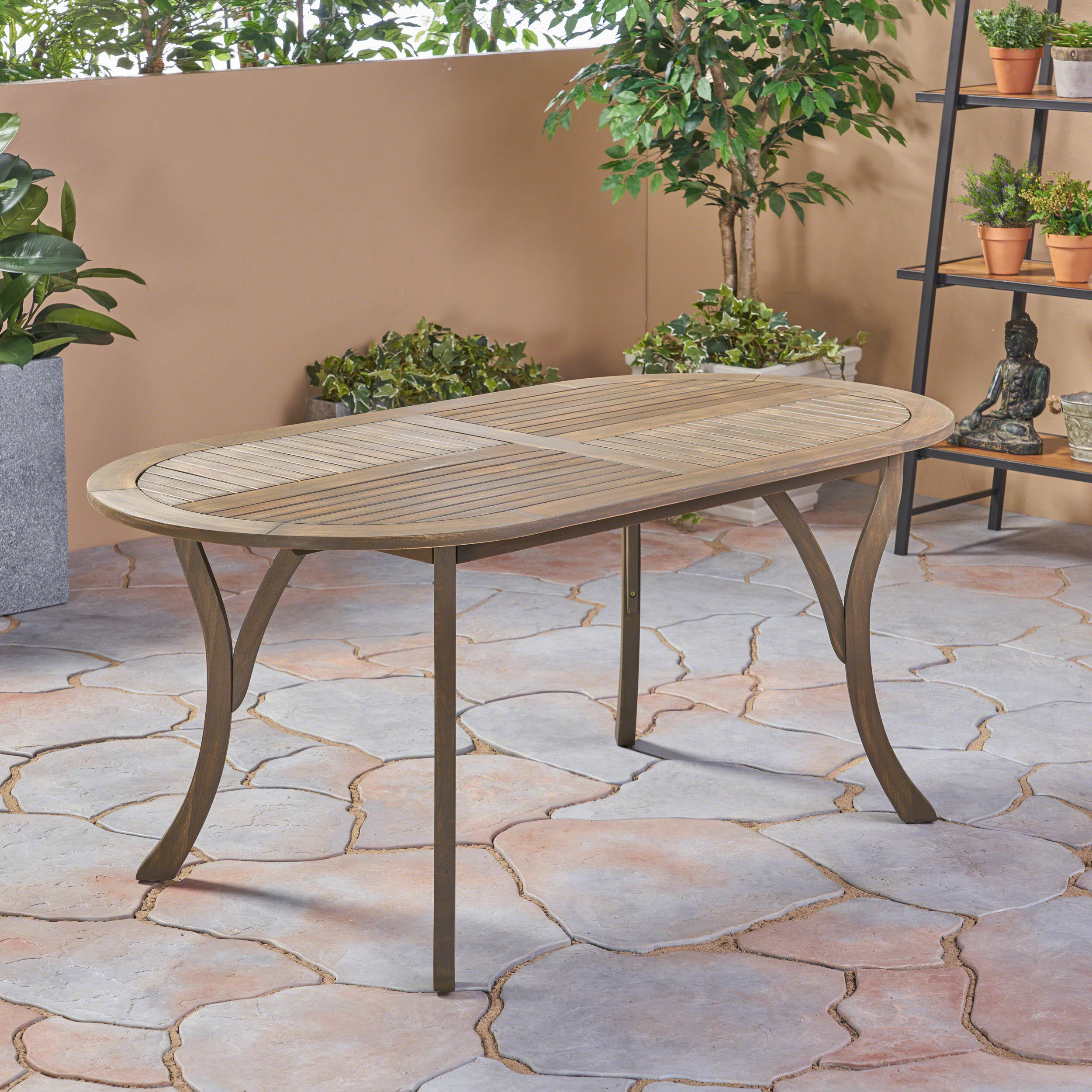 Outdoor Dining Table 70 Inch, Solid Acacia Wood Tabletop for Patio Garden, Gray