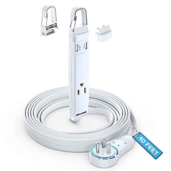 360° Rotating Flat Plug Extension Cord with USB Ports and a Removable Hook White Extension Cord 12 ft (16 Gauge) UL Certified