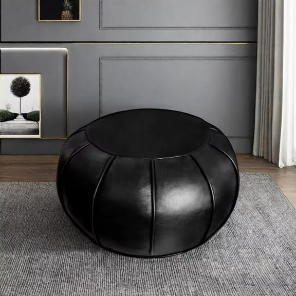 Moroccan Unstuffed Pouf Ottoman Cover, Poofy Ottomans Footstool, Faux Leather Floor Cushion for Living Room Foot Rest, Storage Solution Natural Black Color 21x13(Only Cover) (No Filler)