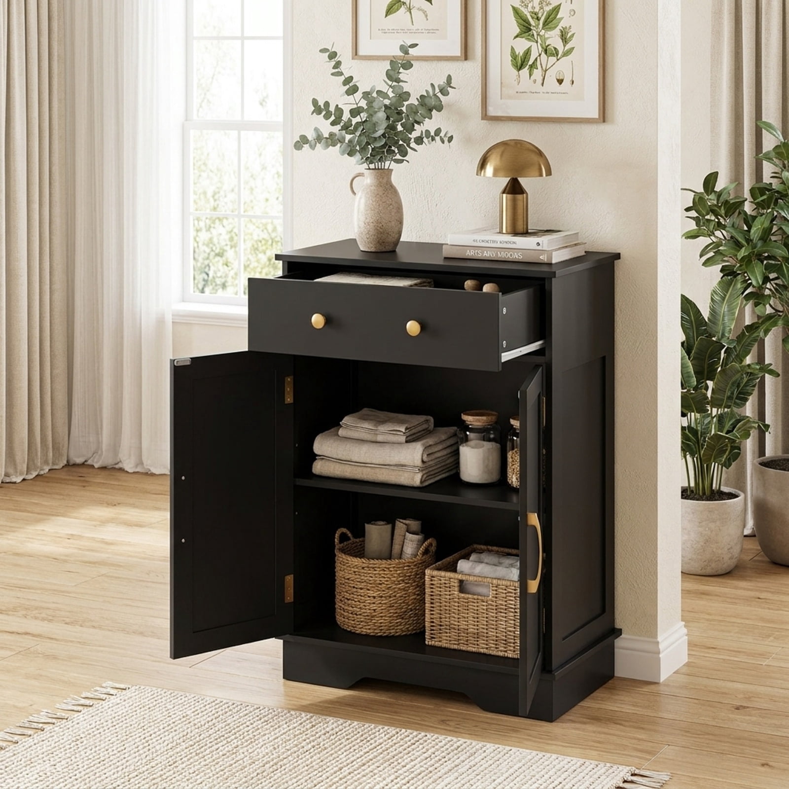 Vebreda Freestanding Floor Storage Cabinet with 2 Doors, Drawer & Adjustable Shelf, Modern Buffet Sideboard Organizer with Gold Knobs for Bathroom Living Room Dining Room, Black