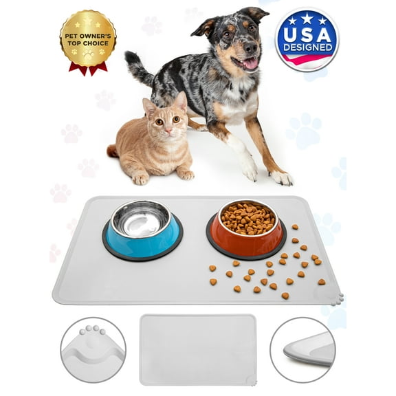Dog Food Mat (Gray), Non-Slip Silicone Bowl Feeding Mat for Cats & Dogs, Waterproof Placemat for Pet by EcoEarth