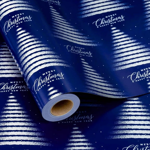 Christmas Wrapping Paper, Blue Christmas Tree Design Gift Wrapping Paper Suitable for Holiday, Mini Roll (17 Inch X 32.8 Feet)