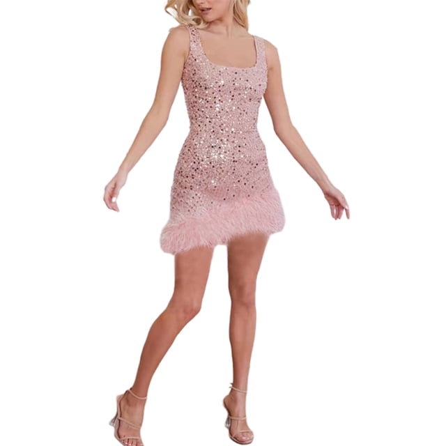 Txlixc Mini vestido de lentejuelas con purpurina para mujer, cuello en U, sin mangas, con adorno de plumas, de una sola pieza, vestido corto de fiesta de noche sin espalda Txlixc Estilo de ocio