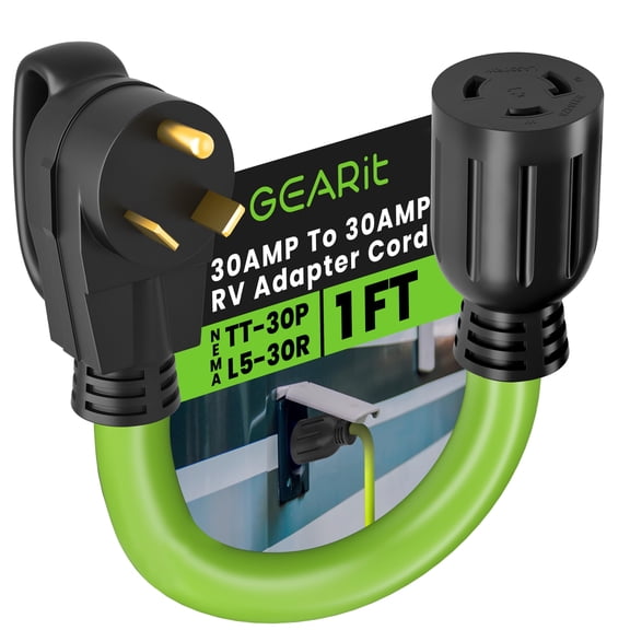 GEARit 30 Amp RV Adaptor Cord, 125/250-Volt, 3-Prong, 10/3 STW 10AWG Gauge SJTW Locking Cable, NEMA TT-30P to L5-30R, RV, Outdoor, Camper Trailer, Portable Generator Power Cord, 1 Foot (.3 Meters)