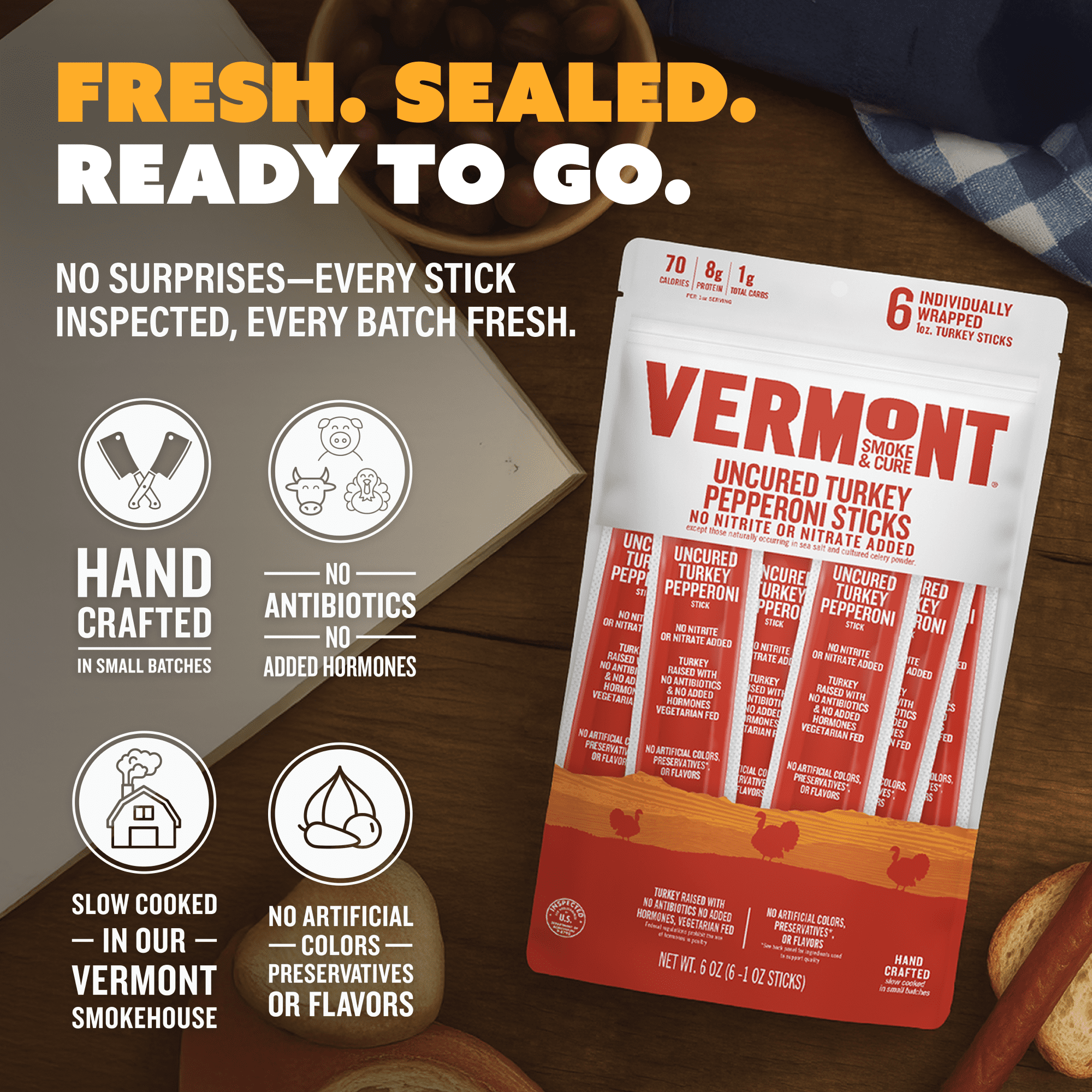 Vermont Smoke & Cure Uncured Pepperoni Turkey Sticks 1 oz Individually Wrapped Protein Snacks 24 Ct
