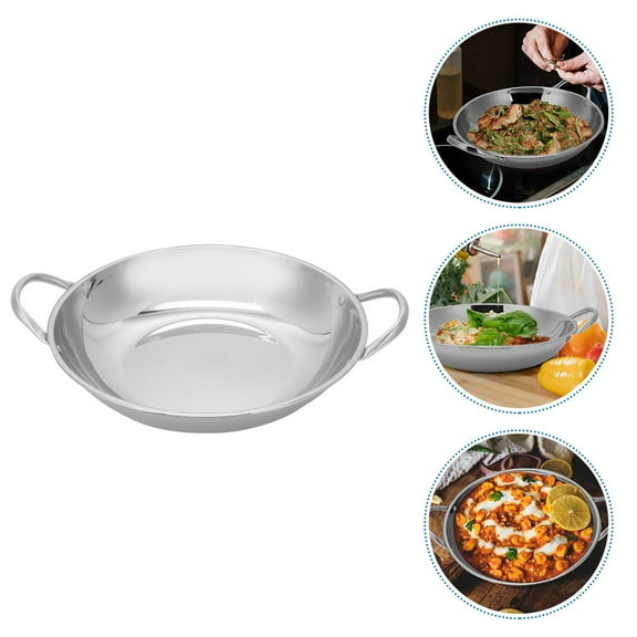 FONWILYO 1Set Double Handle Wok Stainless Steel Flat Bottom Suitable for Hot Pot and Dry Pot Kitchen Use