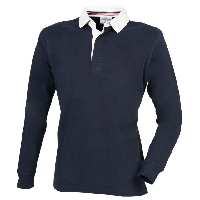 front row - polo de manga larga con cuello blanco modelo rugby premium hombre caballero (azul marino) Polo de rugby entallado azul marino con cuello tradicional blanco de algodón, tapeta interior y aberturas laterales con tapeado en contraste, dobladillo con doble aguja y puños en manga larga; 100% algodón 300gsm, ideal para uso diario o look smart; también suele usarse como capa ligera para viajes cortos.