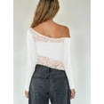 thumbnail image 5 of Women's Summer Off Shoulder Tops Sheer Lace Patchwork Long Sleeve Asymmetric Hem Slim Crop T-Shirts, 5 of 6