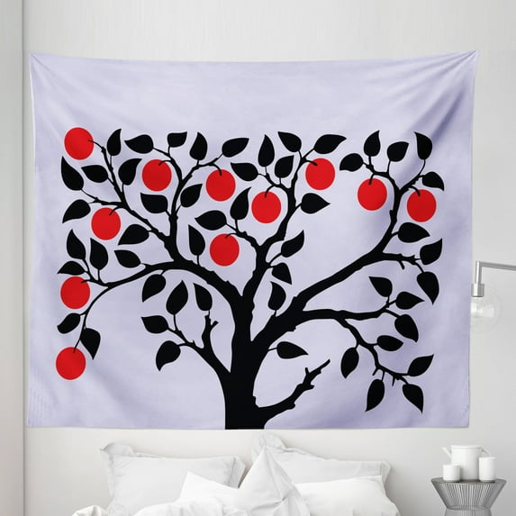 Fruits Tapestry, Black Tree with Ripe Red Nutritious Fruit Flourishing Nature Garden Forest Art, Fabric Wall Hanging Decor for Bedroom Living Room Dorm, 5 Sizes, Lilac Black Red, by Ambesonne