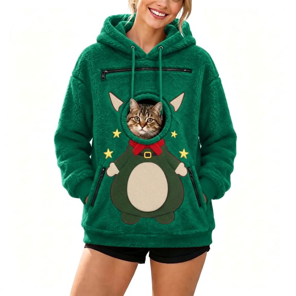 LYXSSBYX Women's Fleece Hoodie with Pet Pouch Christmas Cat Dog Carrier Sherpa Pullover Sweatshirt