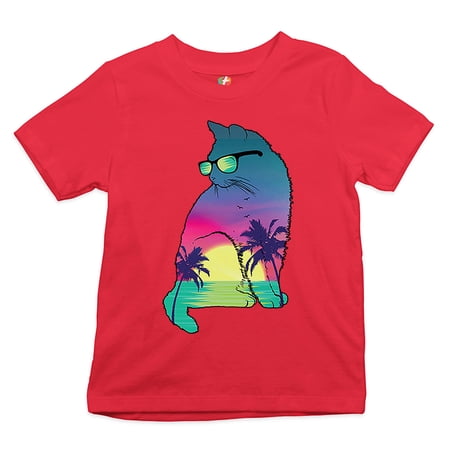 Tee Hunt Neon Cat in Sunglasses Youth T-Shirt Tropic Kitten Summer Beach Kitty Kids Red Small