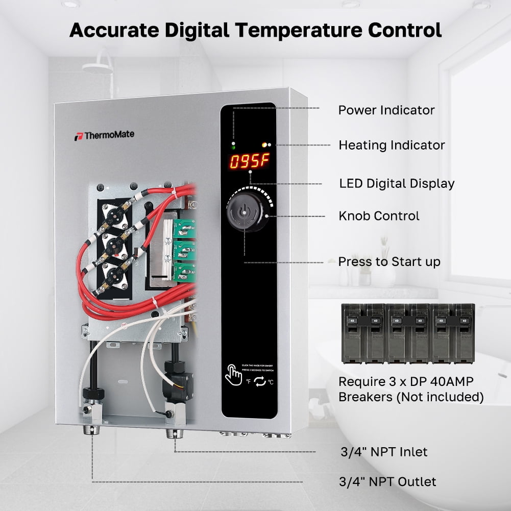 ThermoMate 27kW 240 Volt Electric Tankless Water Heater, Reliable Hot Water for Home, Shop, Cabins
