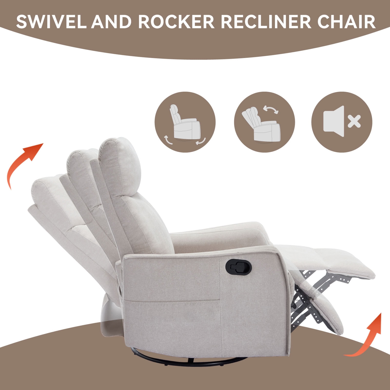 MAYEERTY 360 Degree Swivel Rocker Recliner Chair, Manual Recline Glider Chair with 8 Vibration Massage Nodes & Lumbar Heating, for Living Room Nursery