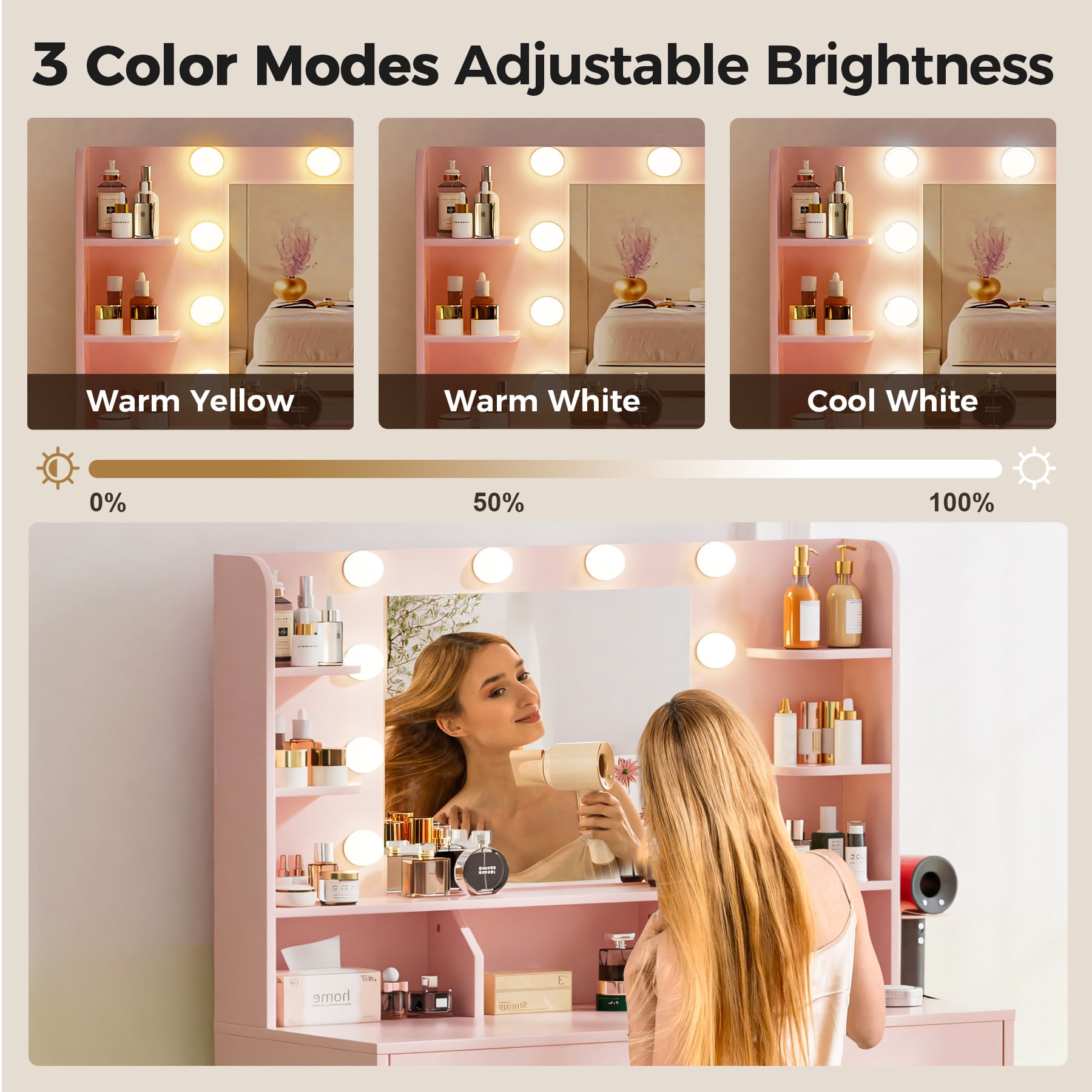 COMHOMA Pink Vanity Desk with Mirror and Lights, Hairdryer Holder, 5 Drawers, Bedroom Dresser Table for You