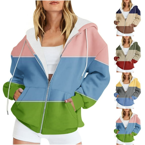 Fjofpr Hoodies for Teen Girls Zip Up Women's Casual Striped Printed Zippered Long Sleeved Hooded Sweatshirt Jacket Top Loose Zip Hoodie Women Pink XXL