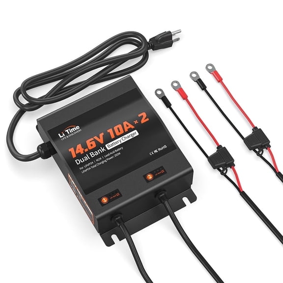 LiTime 2 Bank 12V 10A Battery Charger Waterproof Fast Charging, 4 Safety Protections
