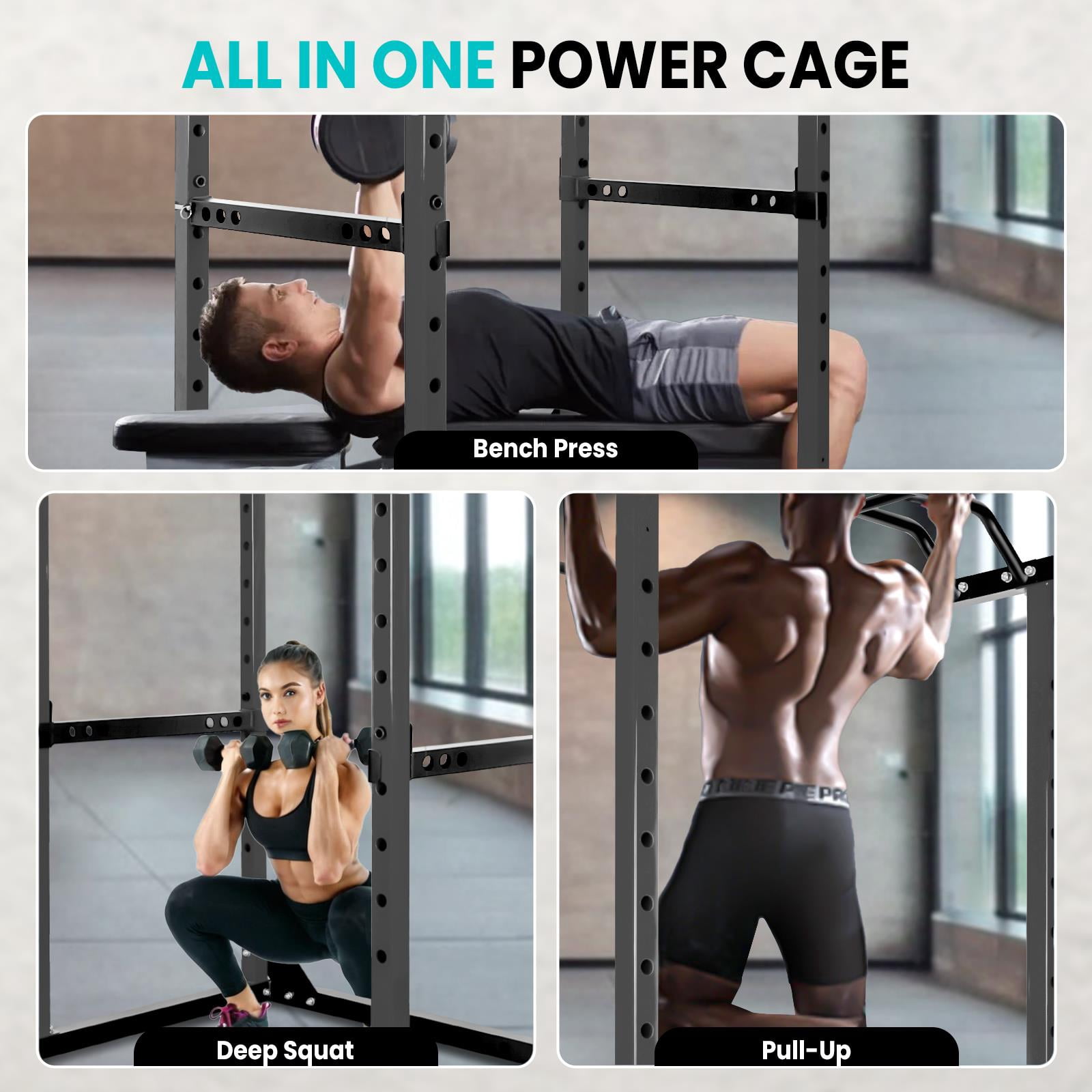 1200 Lb Black Squat Stand,Squat Rack With Angled Pull Up Bar And Resistance Band Pins,Heavy Duty Steel Construction And J-Hooks,Black Power Cage For Weightlifting Training,Black