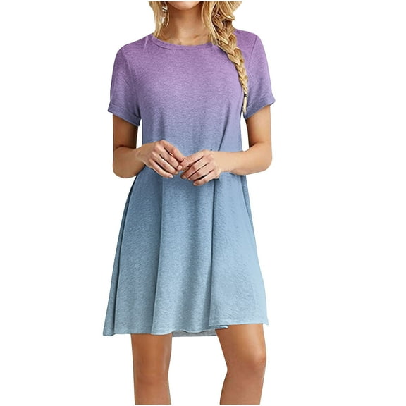 Ayolanni Knee-Length Beach Dresses for Women 2025 Vacation Blue Ombre Short Sleeve Dresses Casual Dresses for Juniors L