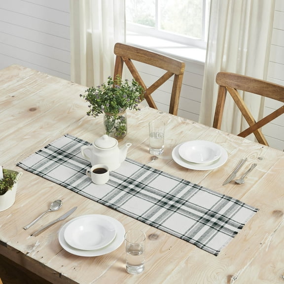 VHC Brands Christmas Decorations for Dining Room Kitchen Table Runner - Harper Plaid Green White Runner Fringed 12x36