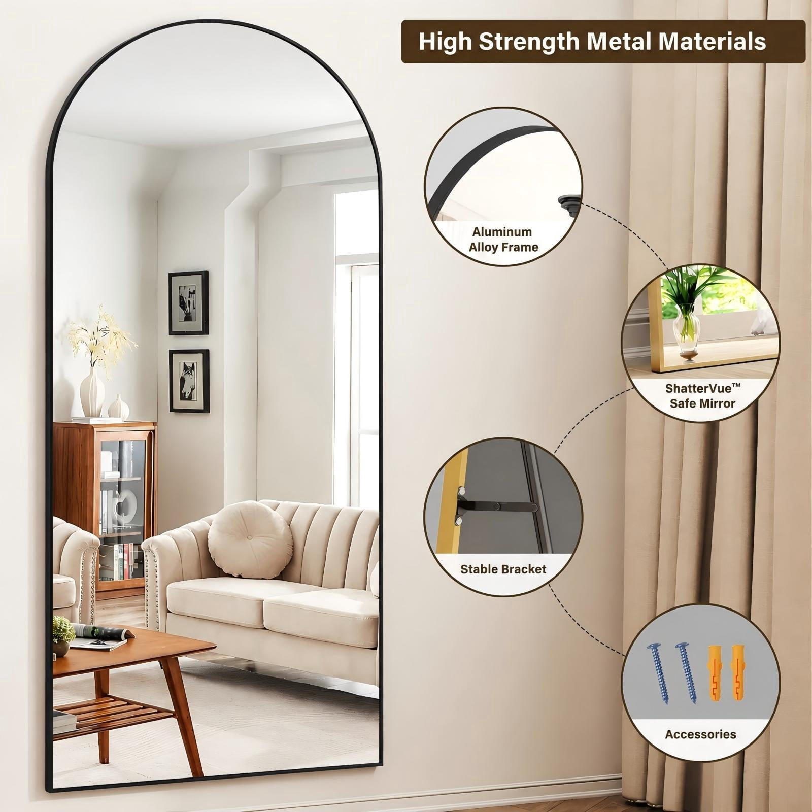 GRAHMCY 71" x 30.2" Arched Large Full Length Mirror Wall Mounted Floor Mirror with Stand, Black