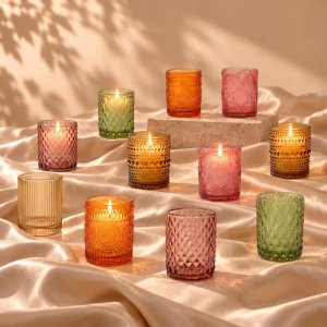 Fall Votive Candle Holders Set of 12 - 6 Colors 6 Patterns Tealight Holders