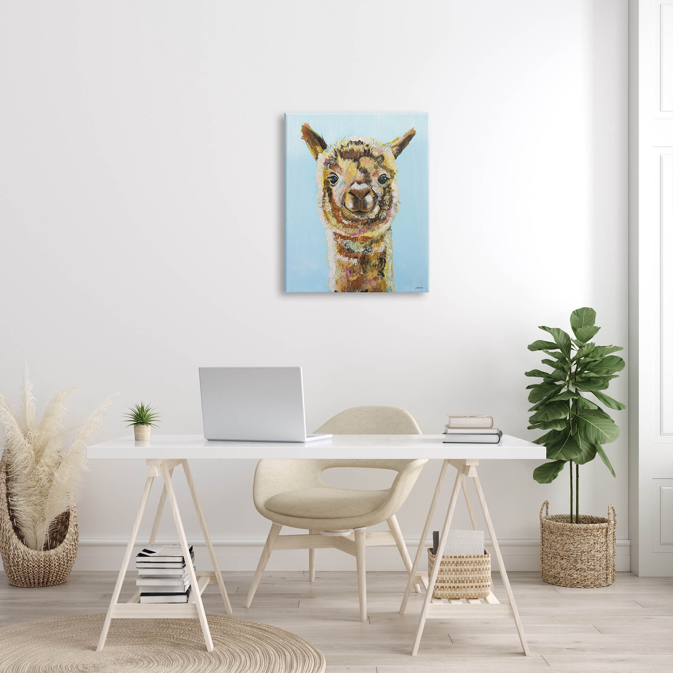 Happy Llama Farm Animal Face Animals & Insects Painting Gallery Wrapped Canvas Print Wall Art