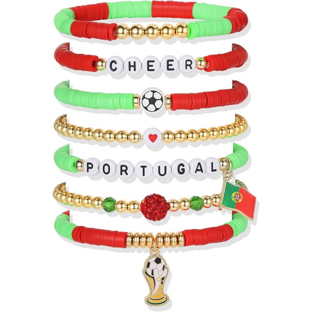 YanonmyfdWorld Soccer Game-day Cup Bracelet Stack Set 7pcs Softball/Baseball/Basketball/Soccer/Volleyball/Tennis/Football Stretch Sports Fans Jewelry Sports Beaded Bracelets with Charms,S-Portugal