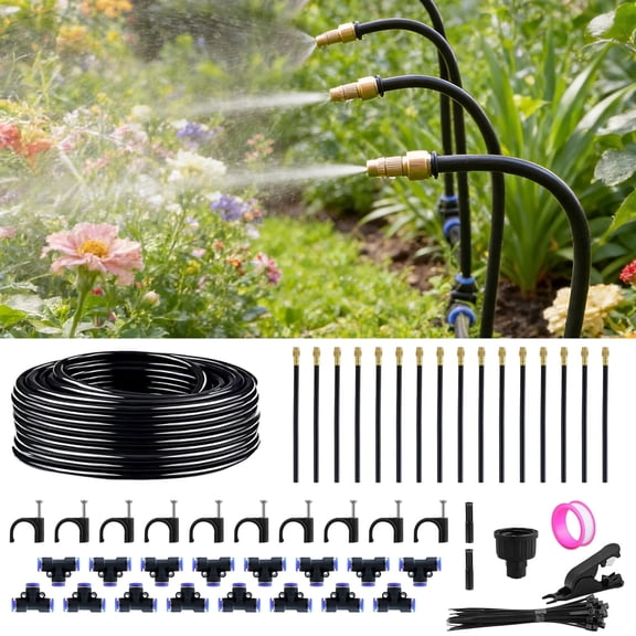 urorentea 360° Adjustable Drip Irrigation System, 49FT 1/4" Drip Irrigation Hose, Garden Watering Atomizing System with 16 Bendable Copper Nozzles for Lawn Courtyard, Greenhouse