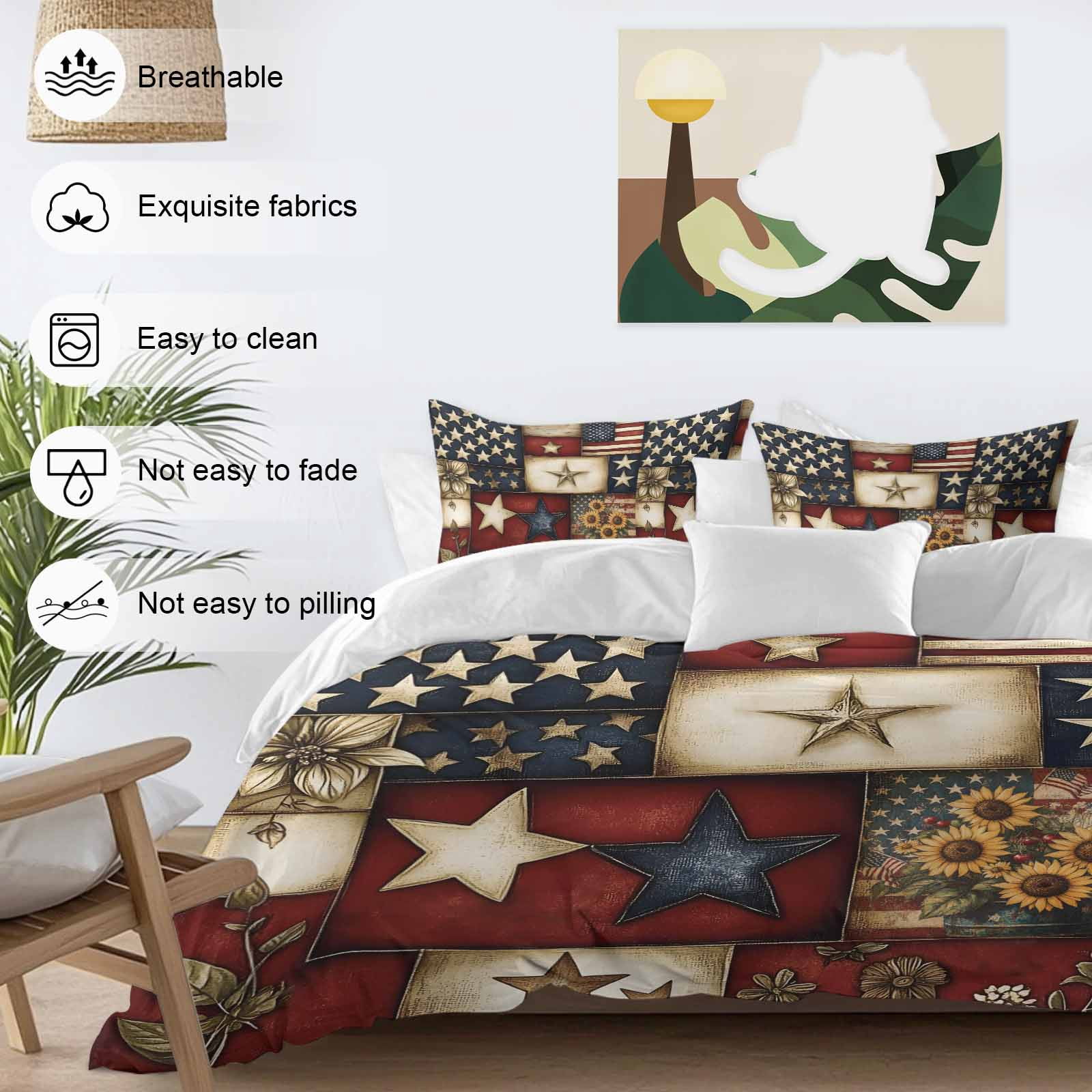 American Flag Bedding 3 Piece Duvet Cover Set California King, Texas Star Farmhouse Sunflowers Blue Red Soft Microfiber Comforter Cover with Zipper Closure & Pillowcases, FadeResistant Quilt Cover