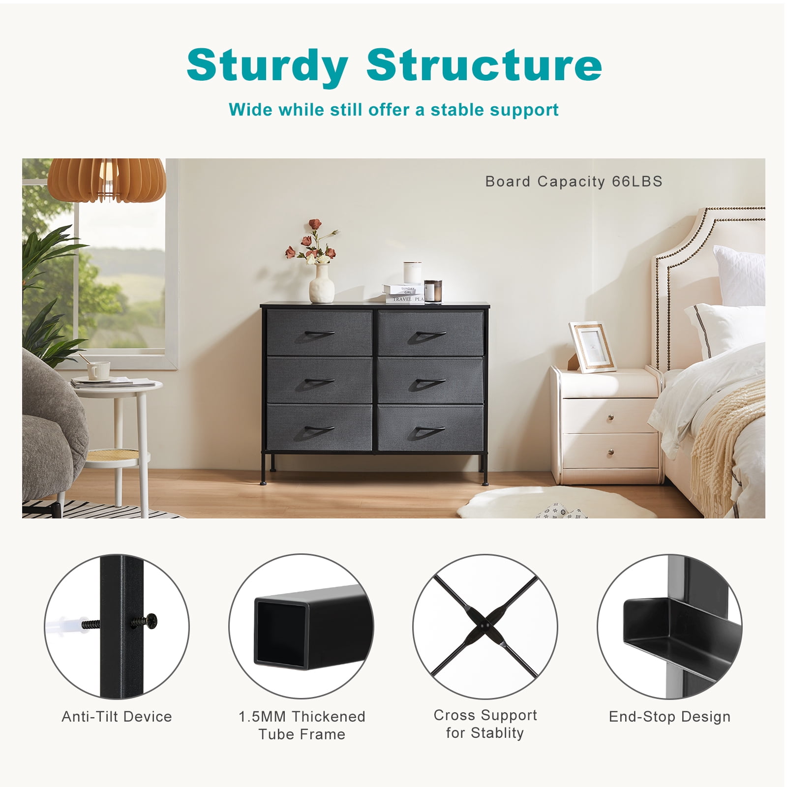 Aidoly Metal Frame Dresser with Wood Top, 6-Drawer Storage Organizer for Bedroom, Living Room, Hallway, Entryway, Grey