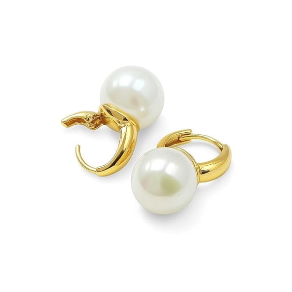 Cultured Pearl Hoop Earings with Golden Plated Wire Loop, Hypoallergenic 925 Sterling Silver Post Earrings for Women Birthday Gifts