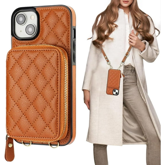 Crossbody Wallet Case for iPhone 15 Plus, RFID Blocking PU Leather Zipper Handbag Purse Flip Cover, Kickstand Folio Case with Card Slots Holder Wrist Strap Lanyard 5G 6.7 Inch (Brown)