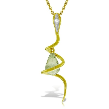 ALARRI 14K Solid Gold Snake Necklace w/ Dangling Briolette Green Amethyst & Diamond with 24 Inch Chain Length.
